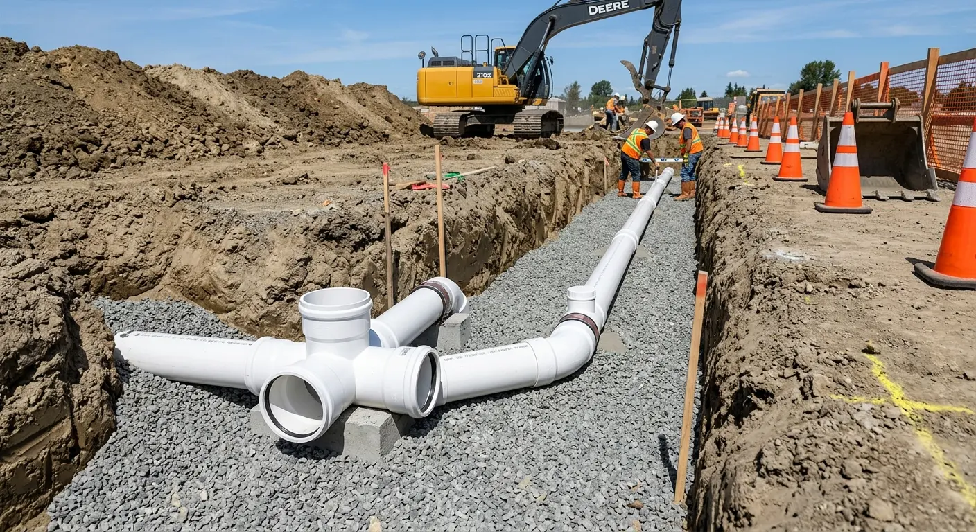 New PVC sewer pipe installation in open trench for Sewer Backup in Naperville