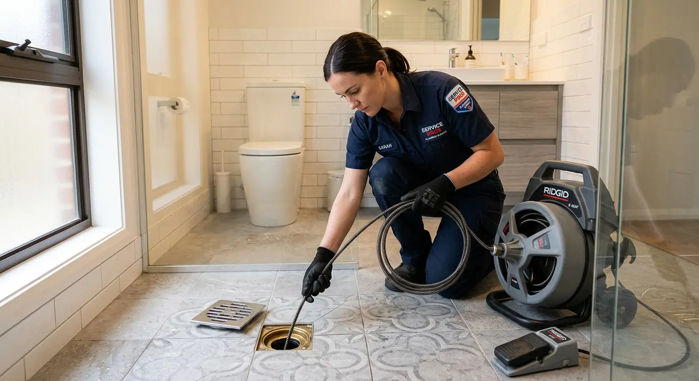 Technician clearing a bathroom floor drain for Sewer Line Replacement in Naperville
